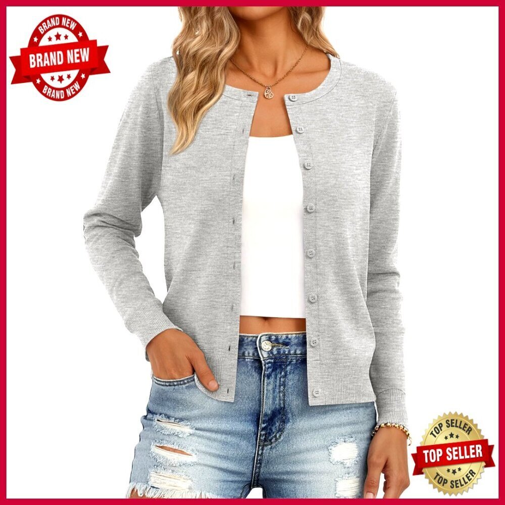 Lightweight Cardigan Sweater Long Sleeve Button Front Crew Neck Slim Fit